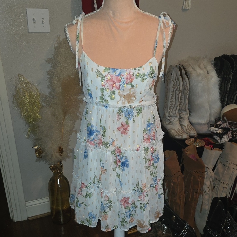 Floral Tie-Shoulder Sundress - White w/Pink & Blue Flowers & Gold Accents Sz Lg